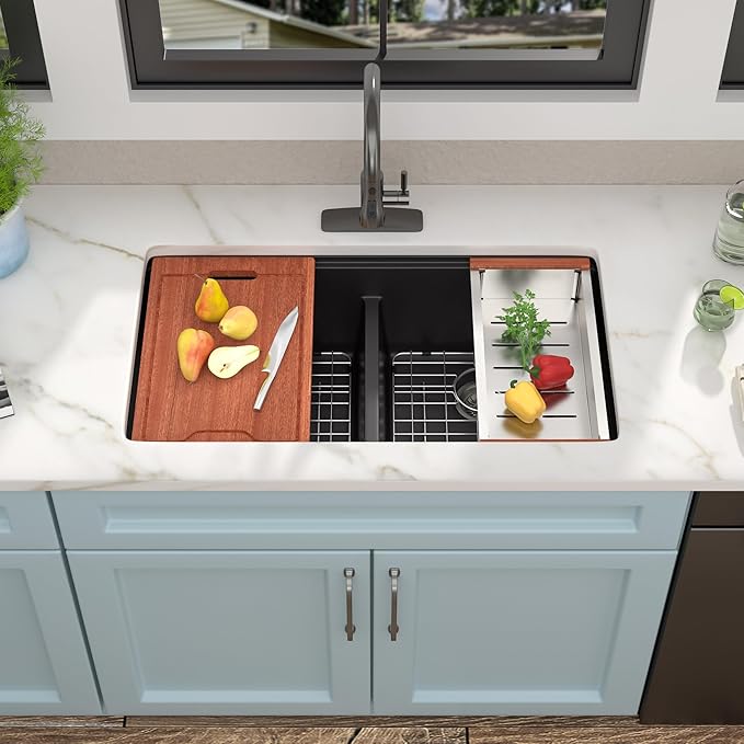 33 Granite Composite Kitchen Sink Double Bowl - Fulorni 33"x19" Granite Kitchen Sink Ledge Workstation Undermount Double Bowl 50/50 Matte Black Quartz Classic Under Counter Basin