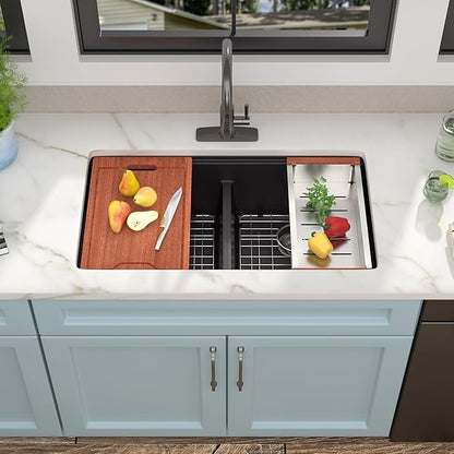 33 Granite Composite Kitchen Sink Double Bowl - Fulorni 33"x19" Granite Kitchen Sink Ledge Workstation Undermount Double Bowl 50/50 Matte Black Quartz Classic Under Counter Basin