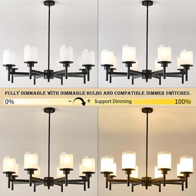 8-Light Farmhouse Chandelier for Dining Room Kitchen Island,Black Modern Pendant Lighting with White Frosted Glass Shades,Industrial Metal Hanging Ceiling Light Fixture for Bedroom Hallway