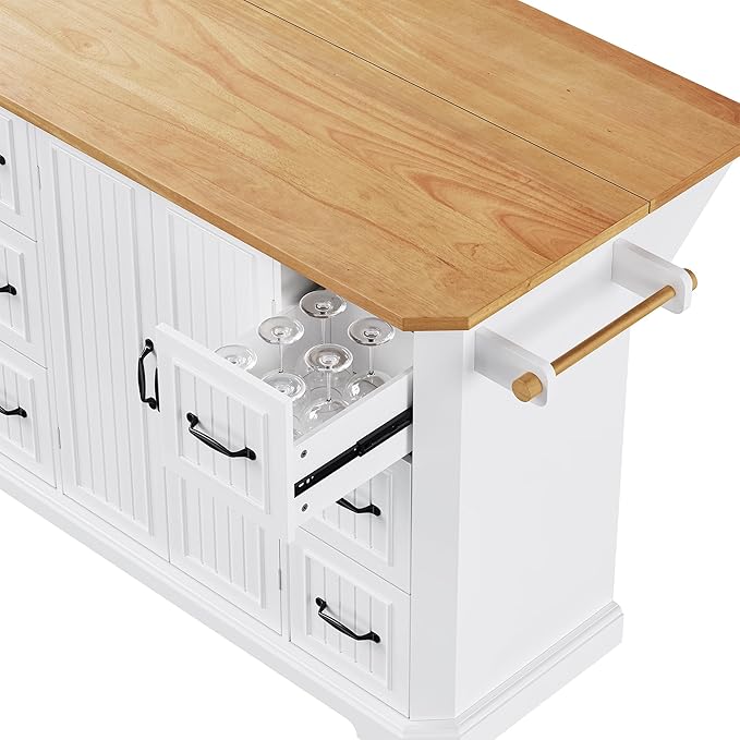 Ball & Cast 56" Large Modern Kitchen Island with Rubber Wood Veneer Drop Leaf, Power Outlet, 6 Drawers, 4 Door Shelves, White