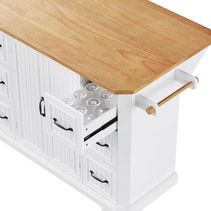 Ball & Cast 56" Large Modern Kitchen Island with Rubber Wood Veneer Drop Leaf, Power Outlet, 6 Drawers, 4 Door Shelves, White