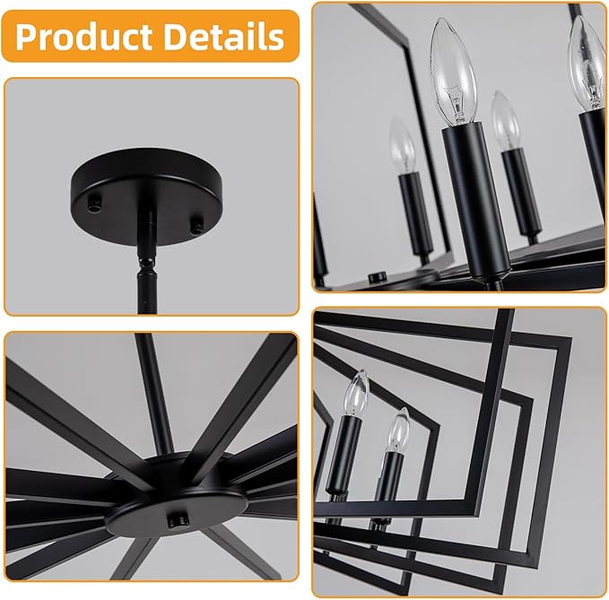 Black Chandelier for Dining Room,12-Light Dining Room Light Fixture Modern Geometric Metal Hanging Industrial Chandeliers for Entryway Kitchen Island Foyer Farmhouse Chandeliers