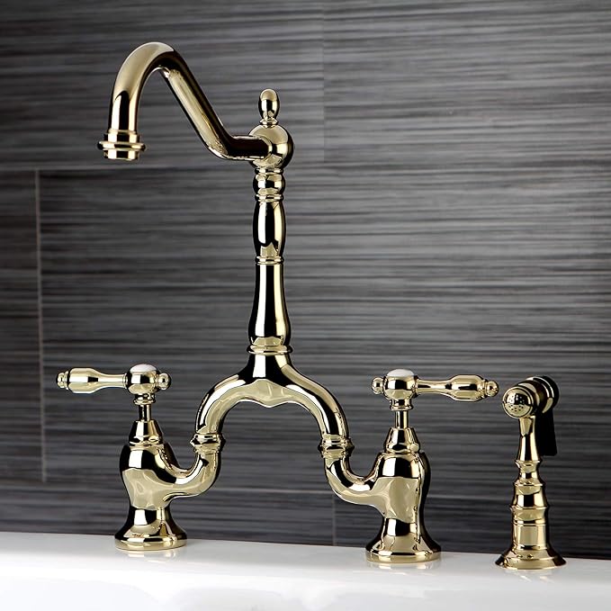 Kingston Brass KS7752TALBS Tudor Bridge Kitchen Faucet, Polished Brass, 13.88 x 8.25 x 14.5