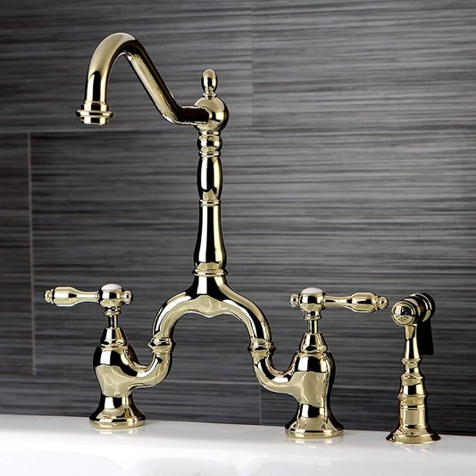 Kingston Brass KS7752TALBS Tudor Bridge Kitchen Faucet, Polished Brass, 13.88 x 8.25 x 14.5