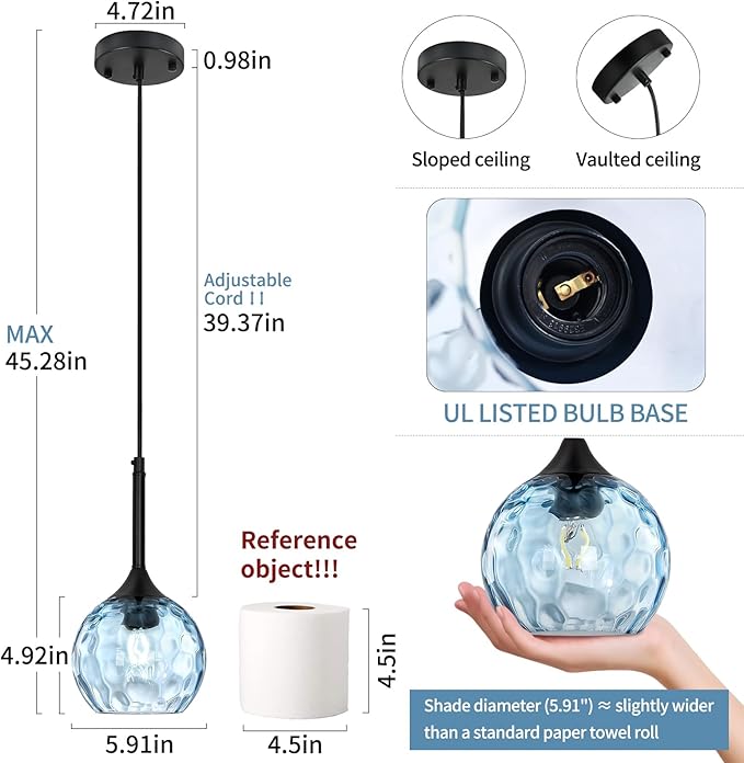 JHLBYL Glass Pendant Lights Kitchen Island: 5.91'' 1-Light Blue Hammered Glass Pendant Light with Black Finish - Modern Minimalist Hanging Light Fixture for Kitchen Sink Dining Room - E26 Base