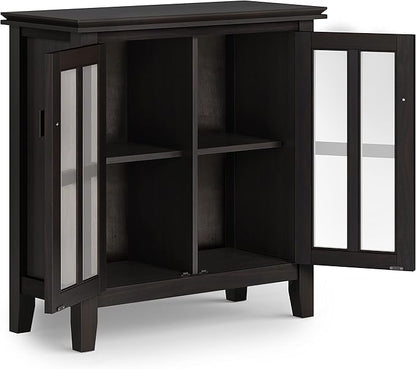 SIMPLIHOME Artisan Storage Cabinet - 30 inch Wide Solid Wood Low Storage Cabinet in Hickory Brown, Contemporary Accent Cabinet for Living Room or Dining Room with Glass Doors and Adjustable Shelves