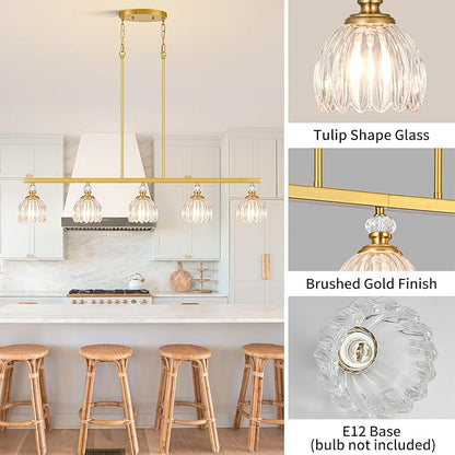 Gold Island Light for Kitchen, 5-Light Linear Chandelier for Kitchen Island with Tulip Glass Shades, Brushed Gold Finish Hanging Light Pendant Fixture Over Dining Table