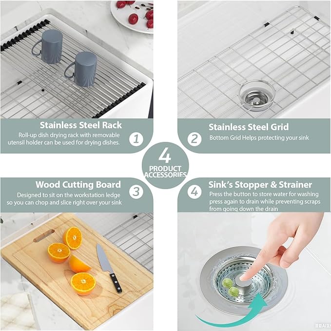 White Farmhouse Sink Fireclay Workstation Apron Front Farmer Kitchen Sink 33"x20" Undermount Single Bowl Kitchen Sink with Accessories
