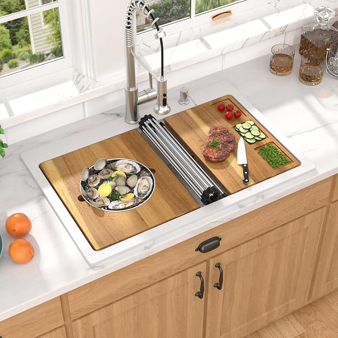 30x22 White Drop In Kitchen Sink - Granite Composite Single Bowl Classic Quartz-Based Workstation All-In One Sink with Mixing Bowl, Pasta Strainer, Two-Holes Configuration #TLGT-115