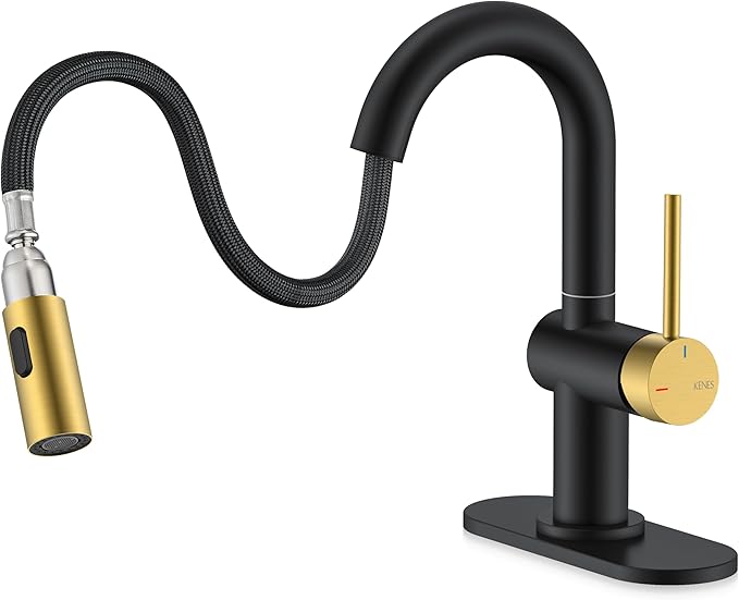 KENES Black and Gold Pull Down Bathroom Faucet 1 Hole, Single Handle Bathroom Sink Faucet with Pull Out Sprayer, Vanity Faucet with Pop Up Drain & Deck Plate, KE-9065B-BG