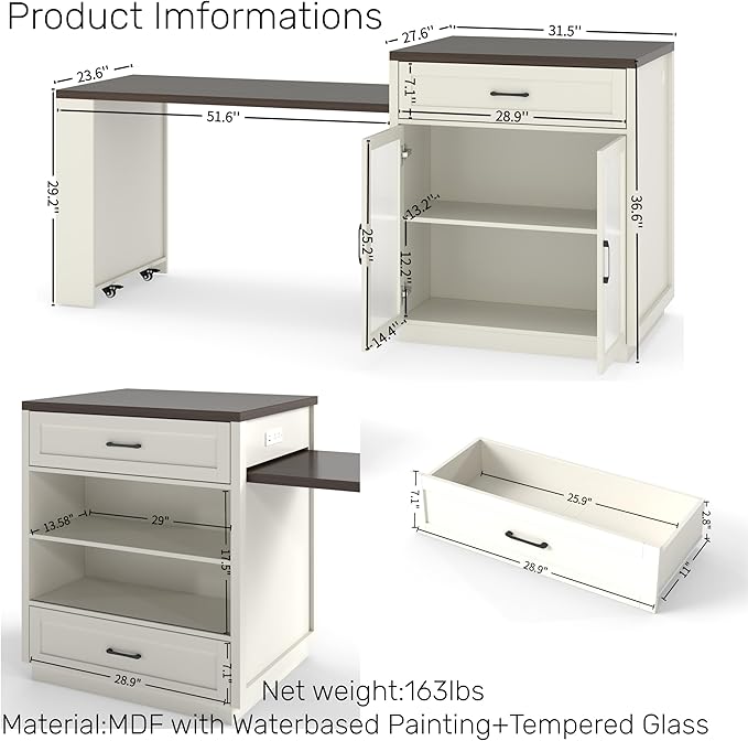 KEIKI 83.1" Kitchen Island with Extendable Dining Table, Storage Drawers Racks & Power Outlet for 2-6 Person, Kitchen Island Slide Out Dining Table with Tempered Glass Doors Cabinet for Dining Room