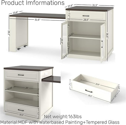 KEIKI 83.1" Kitchen Island with Extendable Dining Table, Storage Drawers Racks & Power Outlet for 2-6 Person, Kitchen Island Slide Out Dining Table with Tempered Glass Doors Cabinet for Dining Room