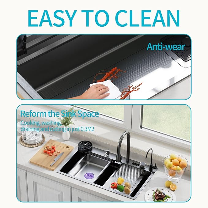 Smart Waterfall Kitchen Sink 29.5 Inch, Black Stainless Steel Workstation Sink with Digital Display Faucet, Drop In Single Bowl Kitchen Sink with Accessories, Modern Deep Kitchen Sink