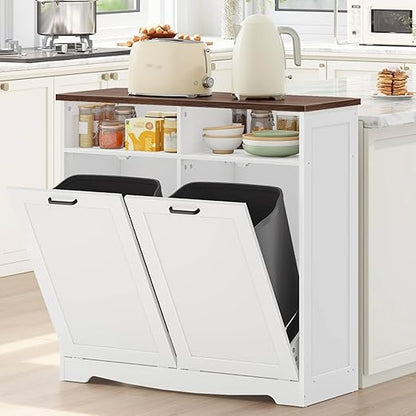 HOOBRO Double Tilt Out Trash Can Cabinet, 20 Gallon Kitchen Trash Bin Cabinet, Hidden Trash Storage with Open Compartments, Hidden Laundry Hamper, for Kitchen, Laundry, White and Walnut WH04LJ01