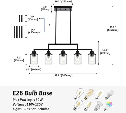 Kitchen Chandeliers Over Table 5-Light Linear Dining Table Light Fixture Hanging Light Adjustable Height with Clear Glass Shade, Black Island Lights for Kitchen Dining Room Foyer