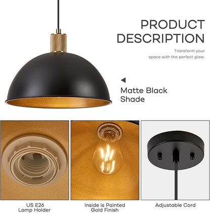12 Inch Black Dome Pendant Lights 2 Pack for Kitchen Island, Height Adjustable Farmhouse Industrial Hanging Light Fixtures Over Table for Dining Room, Entryway