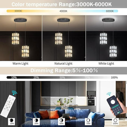 2-Lights Modern Crystal Pendant Lights for Kitchen Island LED Dimmable Glam Pendant Lighting Chandelier for Dining Room Hallway Corner Lamp Black