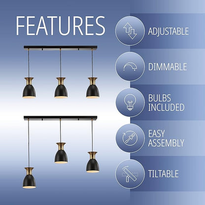 JONATHAN Y 33.25" Black/Brass Gold Modern Metal LED Pendant Light Fixture, Adjustable Hanging Ceiling Lamp for Kitchen Island Bedside, Metal Black Shade, LED Bulb Included (JYL6138A)