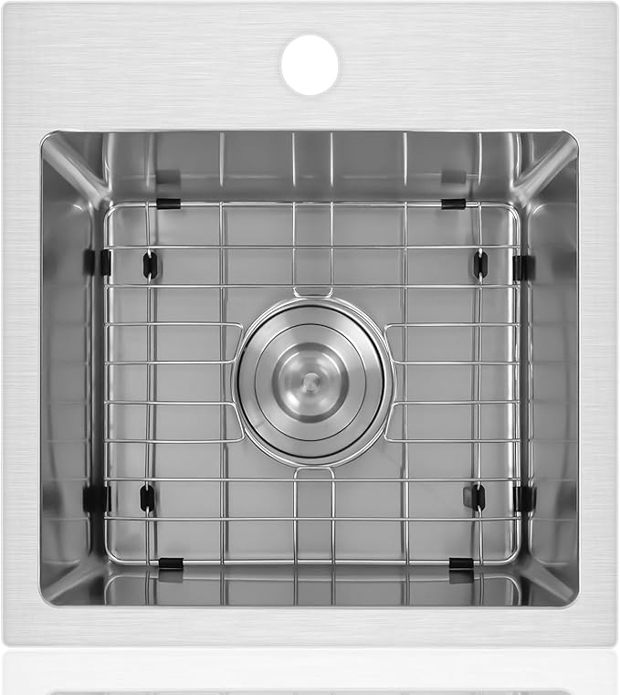 YSSOA Top-Mount Workstation Kitchen Sink, 20 Gauge Single Bowl Stainless Steel with 3 Accessories (Sink + Bottom Grid + Drain), 15-Inch, Silver