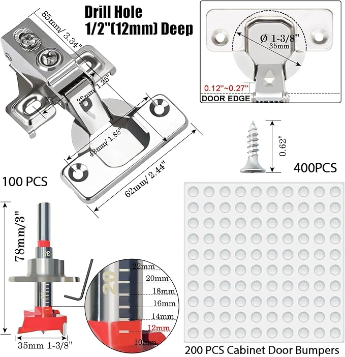 BESTEEL 100 Pack 1/2 inch Overlay Soft Close Cabinet Door Hinges for Kitchen Cabinet Hinge, 100 Degree Opening Angel, Stainless Concealed Kitchen Cabinets Hinge Self Closing with Drilling Tool &Manual
