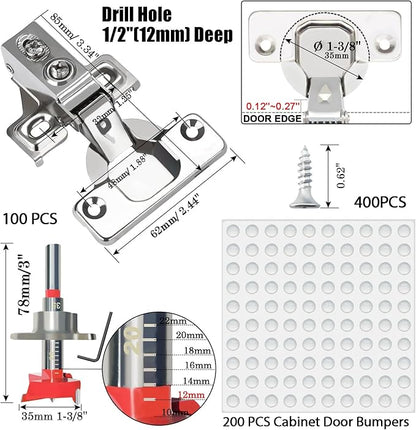 BESTEEL 100 Pack 1/2 inch Overlay Soft Close Cabinet Door Hinges for Kitchen Cabinet Hinge, 100 Degree Opening Angel, Stainless Concealed Kitchen Cabinets Hinge Self Closing with Drilling Tool &Manual