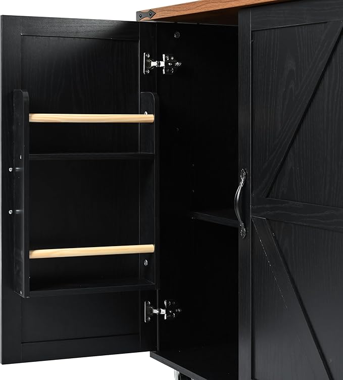 54" Farmhouse Kitchen Island with Power Outlet and Drop Leaf, Rolling Kitchen Cart on Wheels with Spice Rack & Towel Holder, Mobile Storage Island with Internal Storage Rack