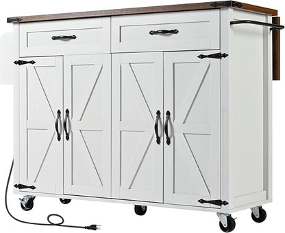 Merax 53.5" Kitchen Cart Island on Wheels with Power Outlet,Drop Leaf,Spice Rack,Farmhouse Wood Frame Storage Cabinet for Dining Room