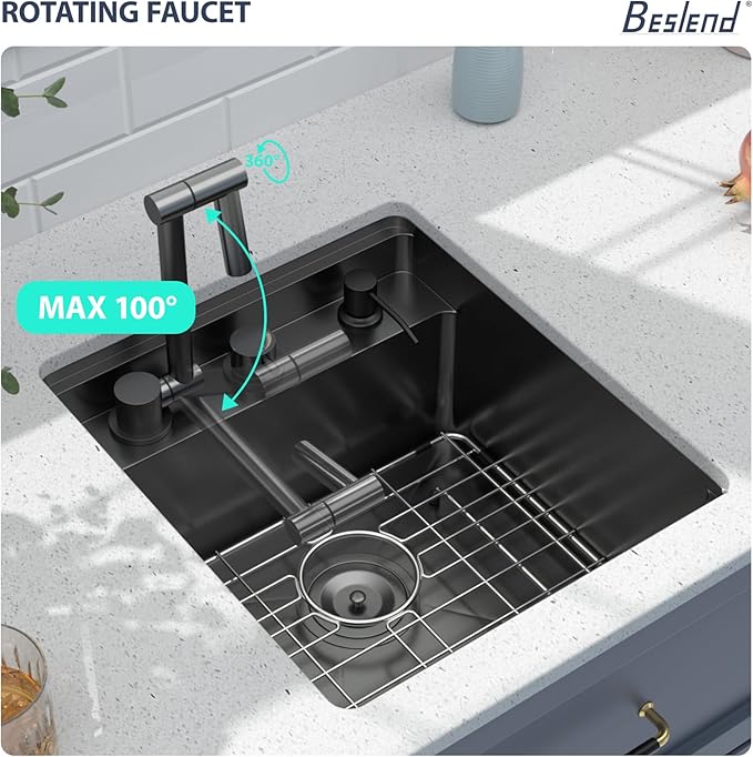Outdoor Sink and Faucet - Beslend 17x19x9 Inch Black Undermount Bar Sink With Folding Faucet and Cover 16 Gauge Stainless Steel Single Bowl Sink Indoor Outdoor