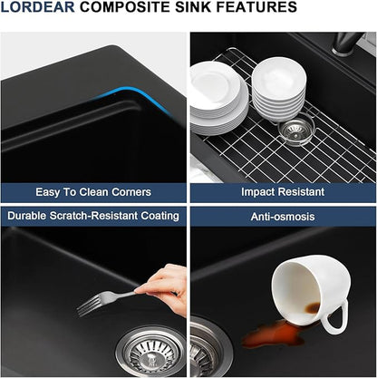 Lordear 33 Granite Composite Kitchen Sink Drop In Black Kitchen Sink 33x22 Workstation Topmount Sink Matte Black Quartz Above Counter Single Bowl Sink Basin