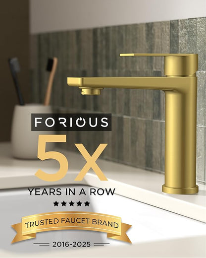 FORIOUS Gold Bathroom Faucet 1 Hole, Single Hole Brushed Gold Bathroom Faucet Single Handle with 1.2 GPM Water-Saving Aerator, Pop Up Drain and Hose, Modern Restroom Sink Tap with Deck Plate, Vanity