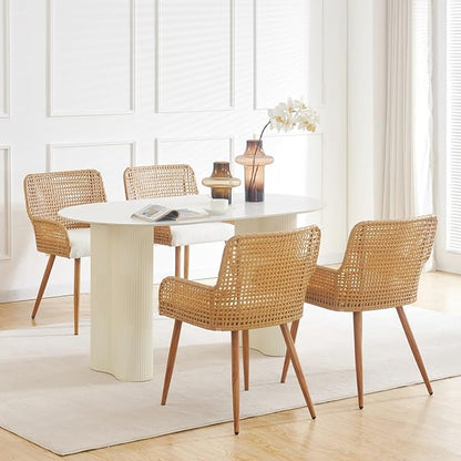 Rattan Dining Chairs,Upholstered Boucle Fabric Dining Chairs with Armrest and PE Cane Backrest, Mid Century Modern Dining Room Chairs with Metal Legs for Kitchen Island,Set of 4