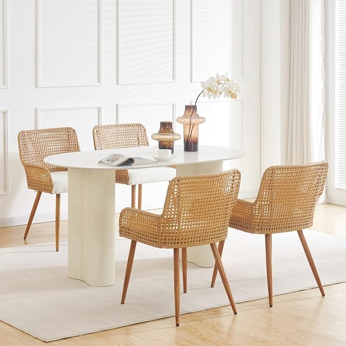 Rattan Dining Chairs Set of 2,Upholstered Modern Dining Room Chairs with Boucle Cushion,PE Cane Back Kitchen Chair with Arm for Farmhouse, Kitchen,Restaurant