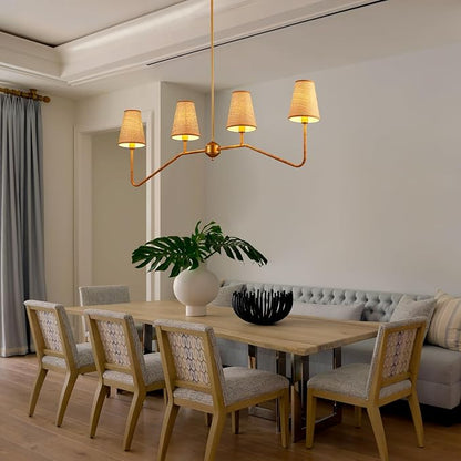 VILUXY 4-Light Linear Kitchen Island Lighting Fixture 47’’ Dining Room Chandelier with Hand Woven Rattan Shade Linear Pendant Light Fixture Gold, UL Listed