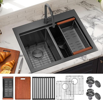 MILOSEN 28 Inch Black Double Bowl Kitchen Sink, Black Drop in 16 Gauge T304 Stainless Steel Sinks, Workstation Sink 50/50 Topmount Double Basin with Accessories, 10'' Large and Deep Kitchen Sinks