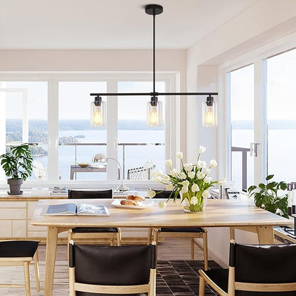 Kitchen Island Lighting, 3 light Black Farmhouse Pendant Lights Kitchen Island with Glass Shades, Island Chandelier Dining Room Lighting Fixtures Adjustable Height, Modern Kitchen Table Light Fixture
