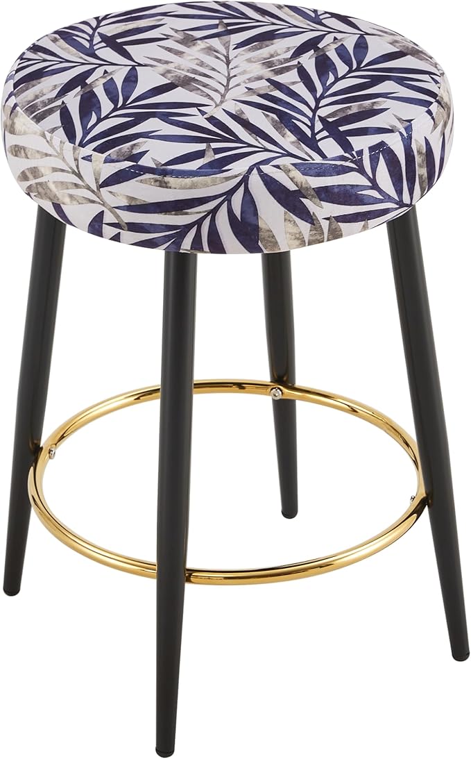 Counter Height Bar Stools Set of 2, PU Kitchen Stools Upholstered Dining Chair Stools 24 Inches Height with Golden Footrest for Kitchen Island Coffee Shop Bar Home Balcony Silver Leaves Velvet