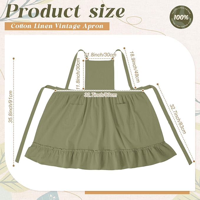 100% Cotton Aprons with Pockets Pinafore Dress for Women Vintage Cute Aprons for Kitchen Baking Gardening Painting