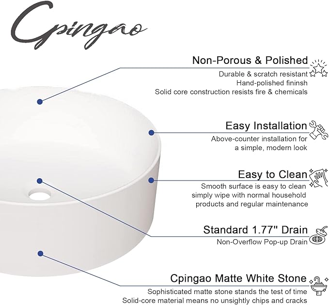 Cpingao 17.7 Inch Round Bathroom Vessel Sink, Above Counter Circle Matte Stone Countertop Modern Sink Art Basin for Lavatory Vanity Cabinet