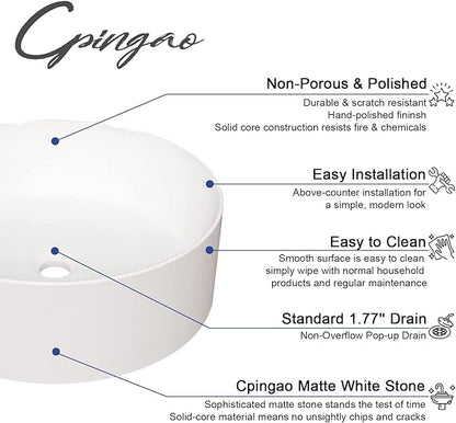Cpingao 17.7 Inch Round Bathroom Vessel Sink, Above Counter Circle Matte Stone Countertop Modern Sink Art Basin for Lavatory Vanity Cabinet