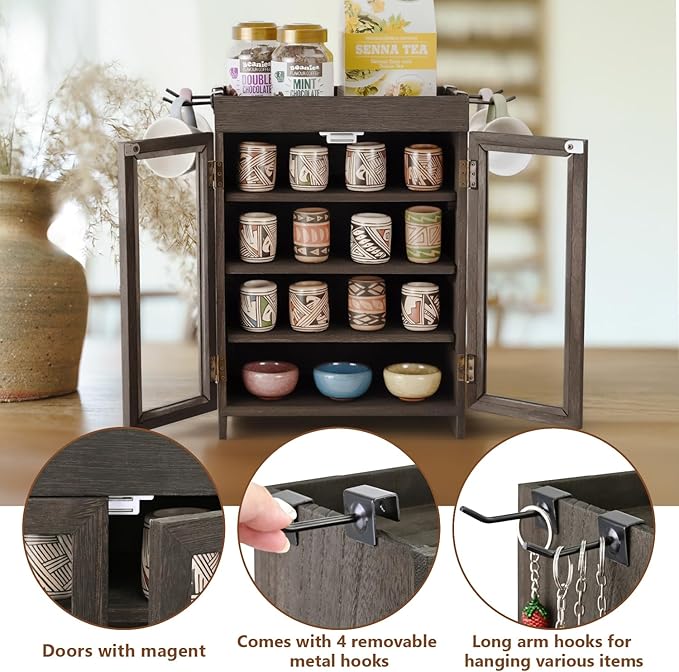 Ikee Design Small Wooden Countertop Storage Cabinet with Adjustable Shelves and Removable Hooks, Perfect for Perfume, Pantry, Essential Oil, 10.4W x 6.1D x 14.4H in, Dark Brown