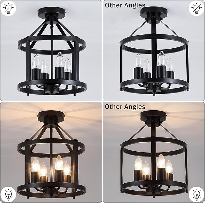 Black Flush Mount Ceiling Light Fixture, 4-Light Farmhouse Semi Flush Mount Ceiling Light, Industrial Metal Chandelier Ceiling Lamp for Dining Room Hallway Entryway Kitchen, E26 Socket
