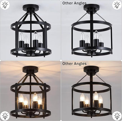 Black Flush Mount Ceiling Light Fixture, 4-Light Farmhouse Semi Flush Mount Ceiling Light, Industrial Metal Chandelier Ceiling Lamp for Dining Room Hallway Entryway Kitchen, E26 Socket