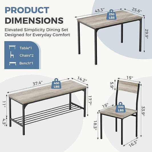 DUMOS Dining Table, Dining Table Set for 4 with Bench, Easy to Assemble Kitchen Table, Space-Saving Ideal 4-Person Set for Dining Room Kitchen Apartment Corner Gray 4 Pack