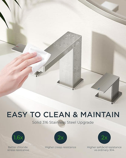 FORIOUS 2 Pack Brushed Nickel Bathroom Faucets 3 Hole, 2 Handle Square 8 in Widespread Bathroom Sink Faucet Brushed Nickel 3 Hole with Metal Pop Up Drain, CUPC Water Hoses