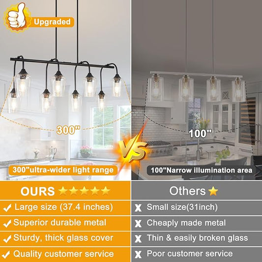 Dining Room Light Fixture/Chandelier Over Table (38inch, 8-Light), Matte Black Kitchen Island Lighting with Clear Glass Shade, Modern Hanging Pendant Lights Fixture for Kitchen Island, Dining Room