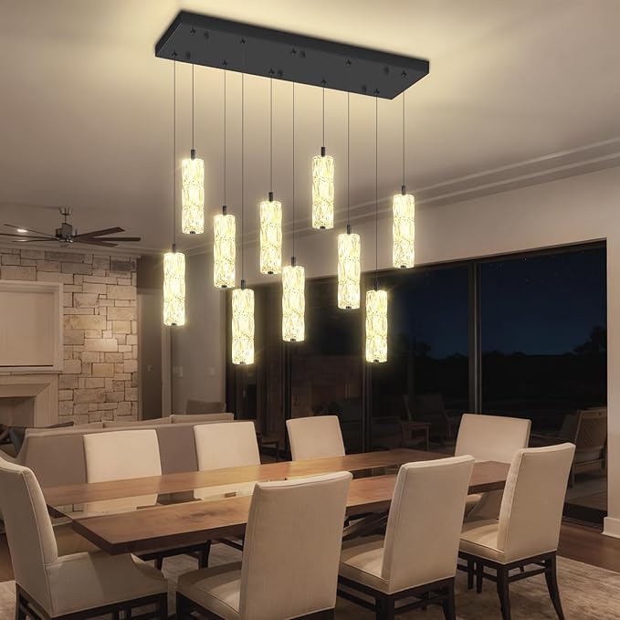 ykolupty Modern Crystal Chandelier 10-Lights Rectangle Pendant Light LED Dimmable Black Linear Chandelier Flush Mount Crystal Pendant Light for Living Room Dining Room Foyer