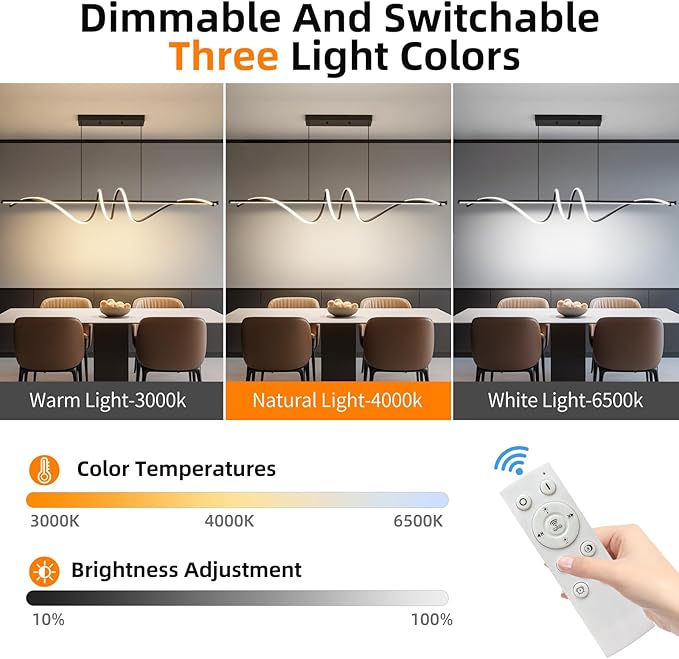 Modern LED Chandelier Light, 47IN Pendant Light Fixtures Dimmable with Remote Control 3000k-6500K Adjustable Color Temperature, Aluminum Island Lighting Lamp for Dining Room, Living Room, Island