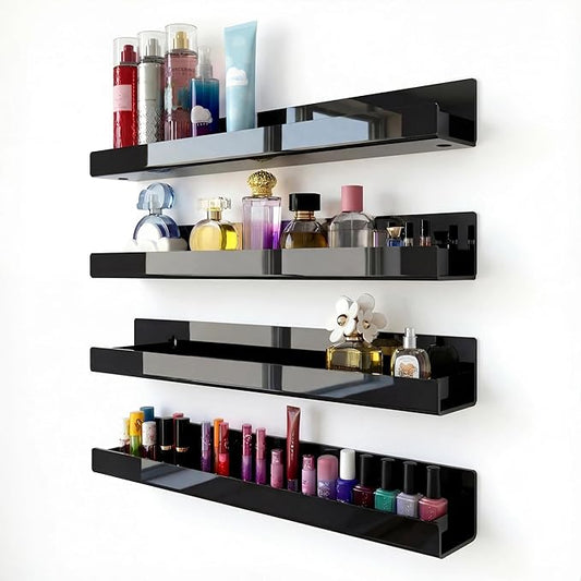 4 Pack 15 Inch Black Acrylic Shelves, Black Kids Floating Bookshelf for Kids Room, Modern Nail Polish Rack Sunglasses Essential Oil Picture Ledge Display Toy Storage Wall Shelf