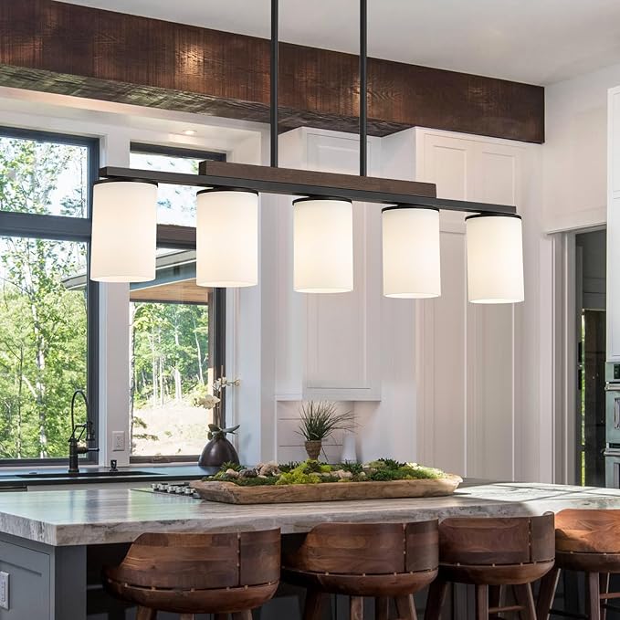 Mecgirn Farmhouse Dining Room Light Fixtures Over Table, Black Pendant Lights for Kitchen Island with Milk Glass Shade, 5 Light Linear Chandelier Lighting with Wood