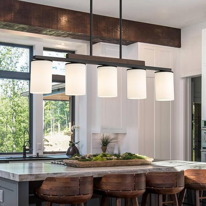 Mecgirn Farmhouse Dining Room Light Fixtures Over Table, Black Pendant Lights for Kitchen Island with Milk Glass Shade, 5 Light Linear Chandelier Lighting with Wood